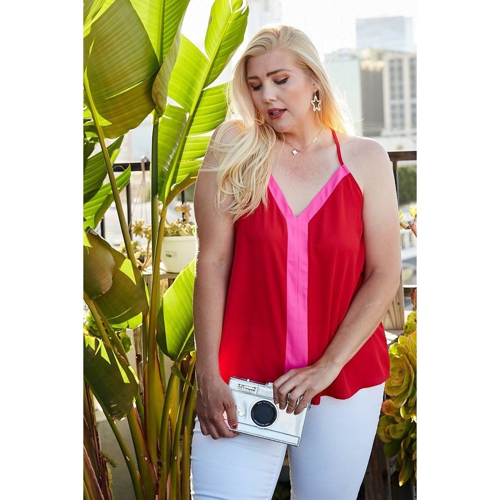 Plus Size Sleeveless V Neck Back Button Color Block Cami Top - Picture 5 of 9